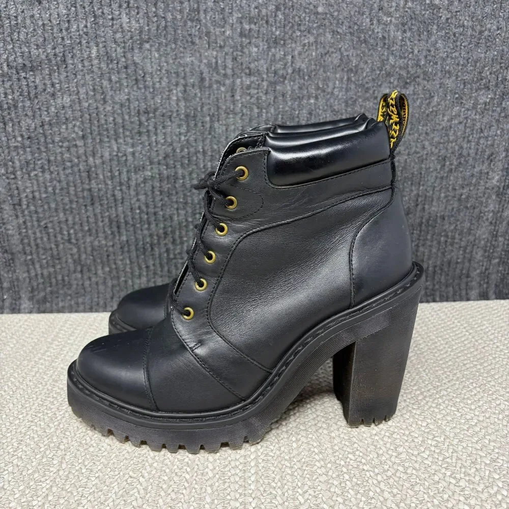 Dr. Martens Averil Lace Heeled Chunky Ankle Boots Black Leather Women’s 7 US
